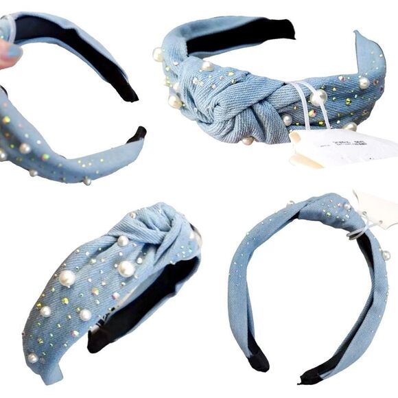 Embellished Pearl Denim Headbands And Clip Hair Accessories Bundle OF 3 NWT - Picture 9 of 14